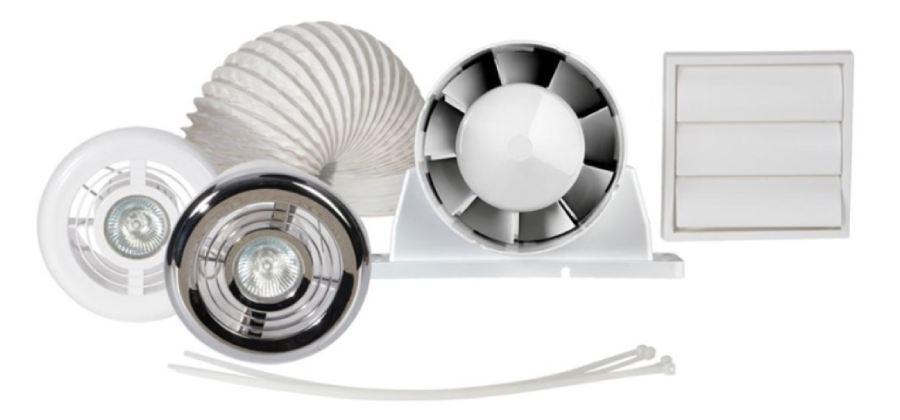 The Airflow 9041421 Shower Kit, 100mm In-line Aura axial fan kit with timer and Halogen lamp